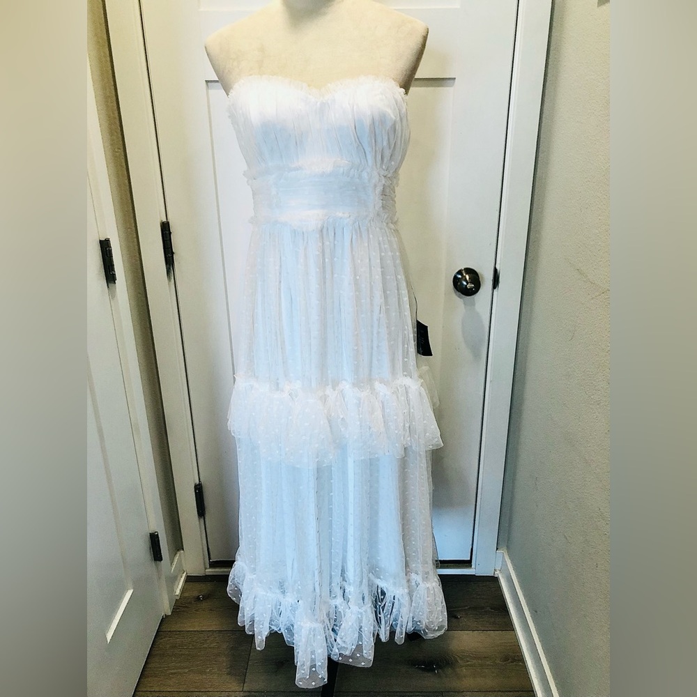 Delightful Bliss White Mesh Swiss Dot Strapless Midi Dress